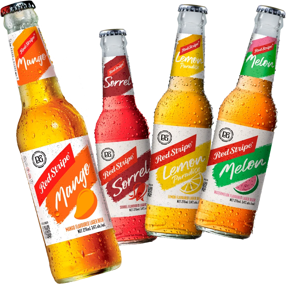 Red Stripe Flavours current lineup — Mango, Sorrel, Lemon Paradise and Melon bottles